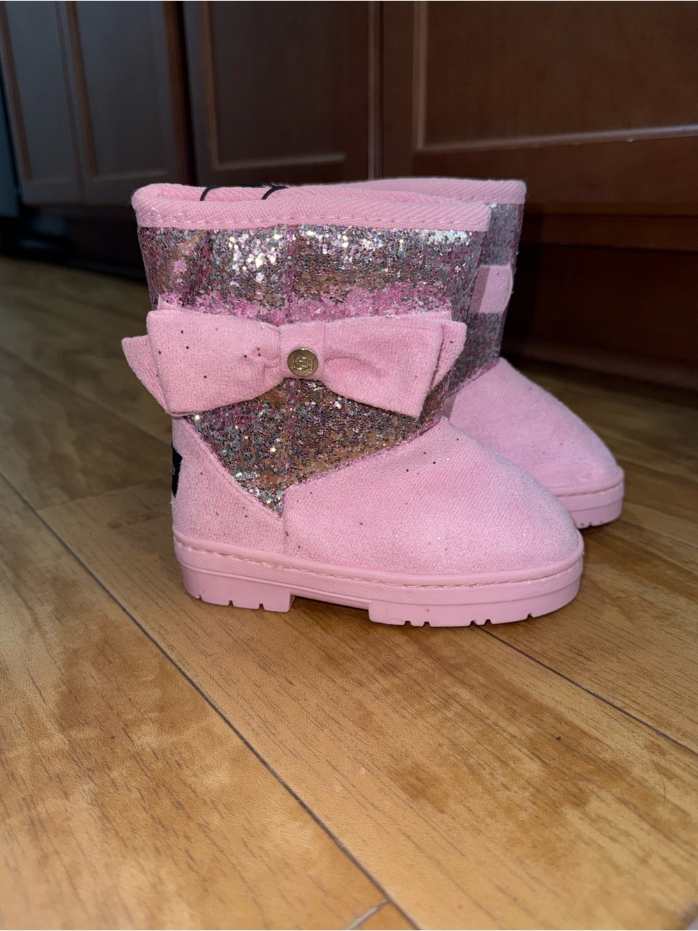 bebe Pink Glitter Bow Kids Winter Boots